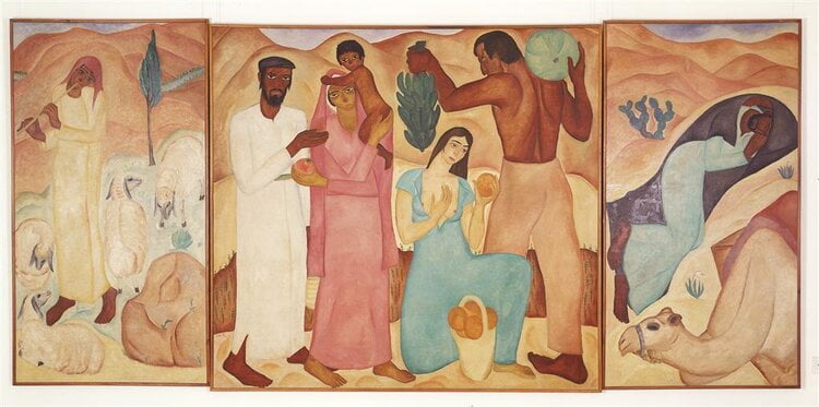 ‘First Fruits’ (1923), by Israeli settler artist Reuven Rubin. The central panel shows a Yemeni Jewish family (left) and Ashkenazi Jewish settlers (right) - the idealised settlers hold the fruits of their labour, including Jaffa oranges! The side pa…
