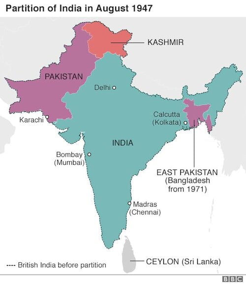 Map showing the division of British India into the Dominions of India and Pakistan, 1947. Credit: BBC.