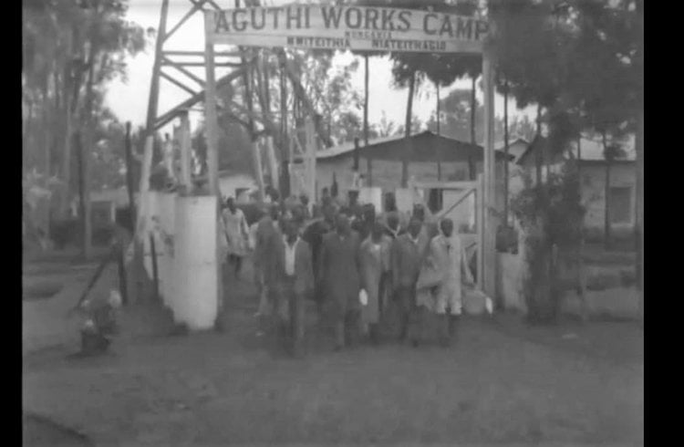 Figure 2: Aguthi Works Camp entrance, screen shot from British Pathe video, 1959