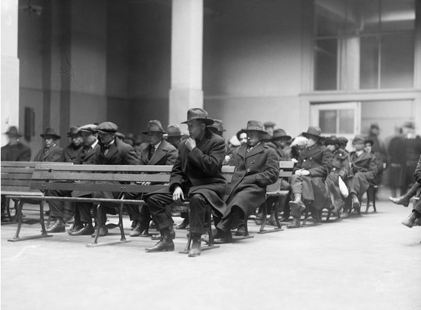 Men arrested in raids awaiting deportation hearings on Ellis Island, January 13, 1920 Corbis Images for Education database, Public domain, via Wikimedia Commons